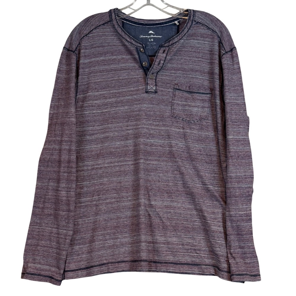 Tommy Bahama Mens Long Sleeve Striped Henley Shirt Blue Red Cotton L‎ Classic